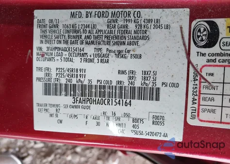 2012 Ford Fusion Se from USA, damaged, VIN 3FAHP0HA0CR154164